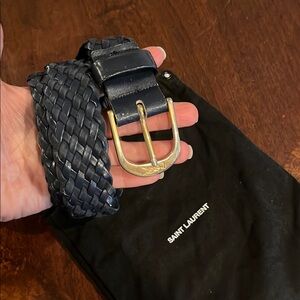 Yves Saint Laurent Navy Braided Leather Belt with Gold Buckle small medium